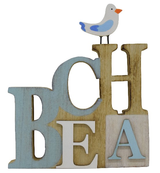 HOLZ,BEACH-TEXT+MÖWE,17CM